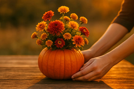 Hands arranging a beautiful autumn-colors flower arrangement on a wooden table, golden-magic hour soft lighting, soft-focus background, 3x2 aspect ratio.の素材