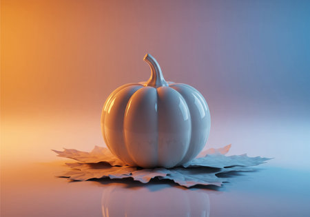 Decorative glossy white porcelain pumpkin centerpiece on white ceramic Fall leaves decor and soft-focus warm orange-blue fog glow background, 2x3 aspect ratio.の素材