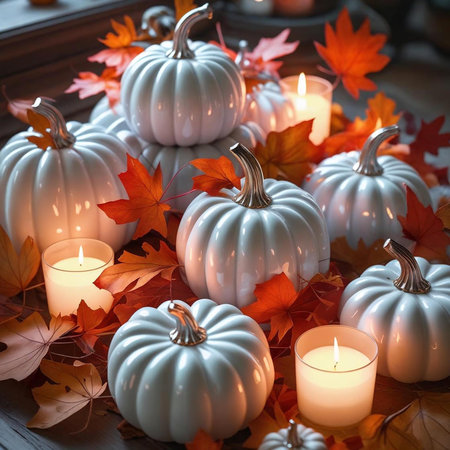 Autumn themed flat-lay table-top decor elegantly arranged white pumpkins, red-orange fall Leaves small amber-glow tea light candles. Halloween or Thanksgiving.の素材