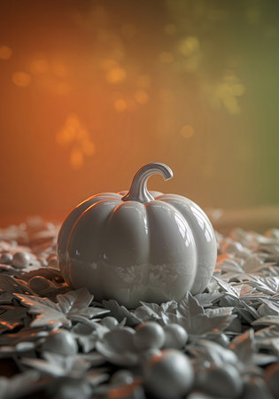 Decorative glossy white porcelain pumpkin centerpiece decoration with glossy white ceramic Fall leaves and holiday berries decor with a burnt orange and green soft-focus backgroundの素材