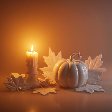 Decorative glossy white porcelain pumpkin centerpiece and pillar candle on white ceramic Fall leaves decor and soft-focus warm orange-golden glow background, 1x1 square aspect ratiの素材