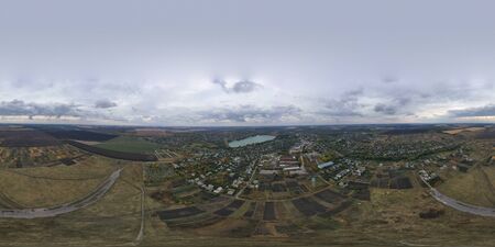 View from drone to small town in Ukraine. 360-degree panoramic aerial view from drone to small town...