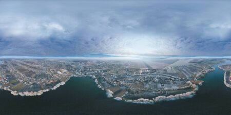 360 degree panorama top view from the air, river ice and white trees
