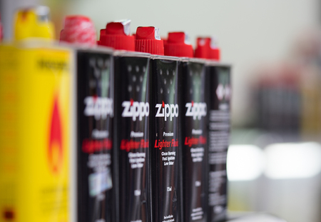 Hanoi, Vietnam - Nov 1, 2015: Close up of some fuel tank for Zippo lighter for sale at a stall in Hanoi capital. Zippo is well known in the country from the Vietnam war till now.のeditorial素材