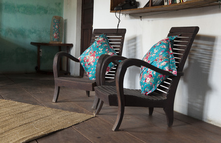 Hoi An, Vietnam - Jun 21, 2015: Indoor view of a homestay at an old street of Hoi An ancient town, Quang Nam province. Hoi An is recognized as a world heritage site by UNESCO.のeditorial素材