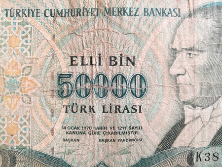Close up of old Turkish lira, Turkey paper bank note money