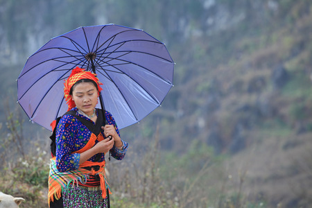 HA GIANG, VIETNAM - FEB 6, 2014: Unidentified Hmong woman holding her baby on back while walking home under the sunlight of spring.のeditorial素材