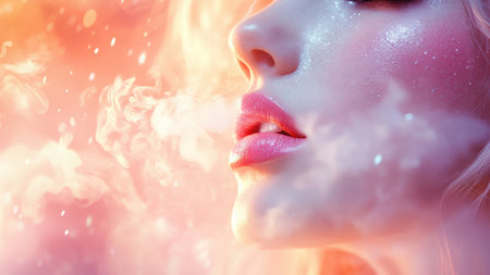 Close-up of soft pink lips slightly parted with misty white breath visible, symbolizing pure air intake, sleek magazine style, soft lighting. --chaos 15 --ar 3:2 --style raw --stylize 350 --v 6.1 Job ID: 8ca5fe8e-2c59-482e-8449-3b35cb3b6191の写真素材