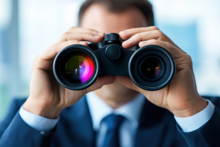 A businessman using binoculars to observe opportunities and trends in the business environment.の写真素材