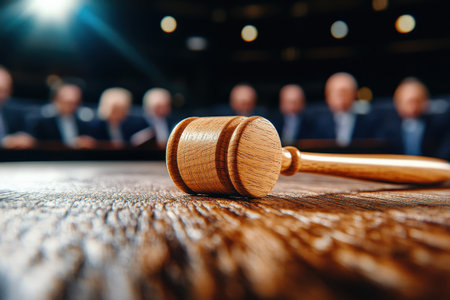 A close-up of a wooden gavel resting on a table, symbolizing justice and authority.の写真素材