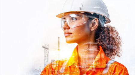 Double exposure photography of a woman which crosses bras working in public works wearing a white construction safety helmet, high orange visibility jacket and protective glasses working under winter accompanied by a ray of sunshine and seconde layer an industrial environnment, sharp focus, white background, double exposure photography, realistic, double exposure style --no ski equipment --chaos 15 --ar 16:9 --quality 2 --style raw --sref https://s.mj.run/soz7zUem85I --profile 9q4mwxv wxqdli4 --stylize 700 --v 6.1 Job ID: 94ffee14-4fcb-4cf2-90cb-6775fadcd5f4の写真素材