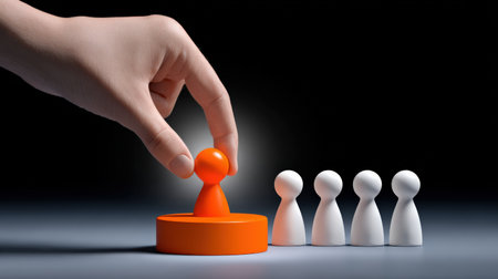 A hand placing an orange pawn among white pawns symbolizing leadership and decision-making.の写真素材