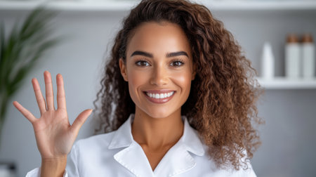 A cheerful woman in a white lab coat waves hello, exuding positivity and warmth in a professional setting.の素材