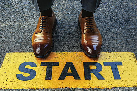 A businessman stands at the starting line, ready to embark on a new journey.の素材