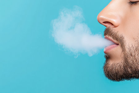 Close-up of a man blowing out a cloud of smoke against a vibrant blue background.の素材
