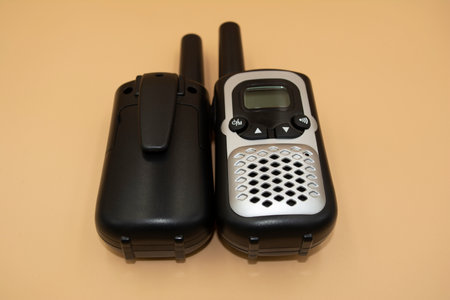 Pair of walkie talkies isolated on a neutral backgroundの写真素材