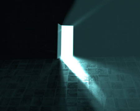 surreal door. dreamer concept. bright light in open door in a big mysterious Room. 3d inside viewの写真素材