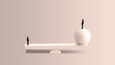Equality between quality and quantity balance scale business men concept. Man stand up of a 3d sphere ball in comparison with other man - Business managers and competitors conceptの写真素材