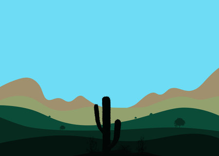 cactus landscape illustration with green hills and blue skyの写真素材