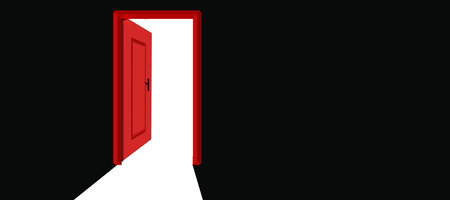 red open door in the dark with white light from the doorway. panorama illustration, Optimist and opportunity conceptの写真素材
