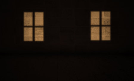 Very dark Room With Two Light Windows Shadow. grungy wall vintage, Dirty texture Floor, Horror and Scary hall, Old Abandoned House interior Conceptの写真素材