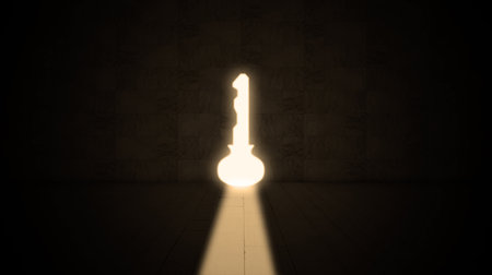 Creative keyhole door in a big dark room with grunge textured wall and floor. 3d light key gate as an exit to the lightness or freedomの写真素材