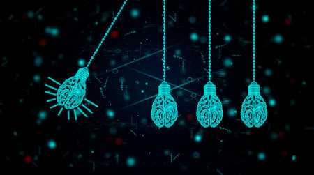 Newton cradle with light bulb and brain. glowing light-bulb with concept of creative idea in dark...