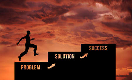 Guy running on stairs forward success. Problem solution success. Problems solving and Brainstorming solution conceptの写真素材