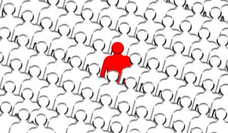 Red figure of a man stand out from identical white men in a large crowd, Courage and leadership conceptの写真素材