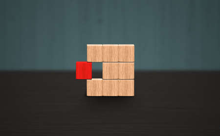 Distinguishing one red block from other leader Concept. Empty block wood box with 1 Distinctive Red...