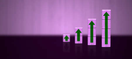 Career path for business growth and success process concept. growing arrows step by step or staircase arrow steps made by wood blocks. Grow Graph rising upの写真素材
