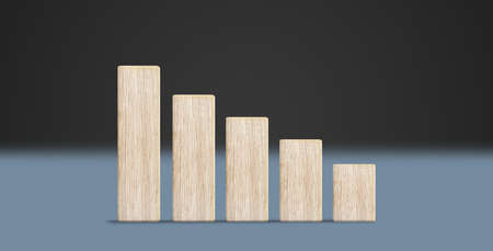 Empty Wood chart bar isolated in bright blue floor black background, wooden block graph ladder concept. 3Dの写真素材
