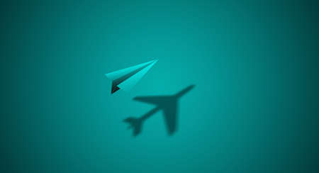 blue 1 paper airplane on blue background with real plane shadow : Dream concept, top view, space for text. gradient blue colors, Think big conceptの写真素材