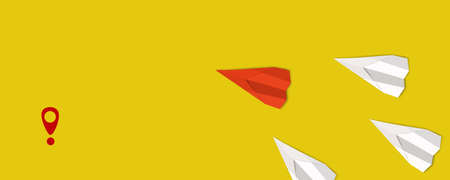 same destination competition planes concept. white paper planes (competitors) on yellow background with red one or the winner goalの写真素材