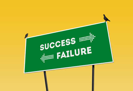 Green Billboard in yellow background with success or failure direction. Conceptual Photo of making the right or the wrong decision conceptの写真素材