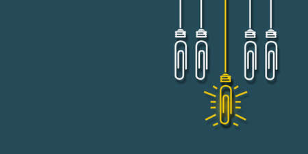 Paperclip idea Success concept Great Creative Ideas, Glowing light bulb (paperclip) on blue clear backgroundの写真素材