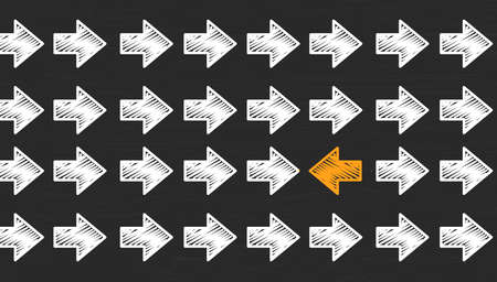 Orange arrows in opposite direction against white others arrows. Opposition, resistance, difference...