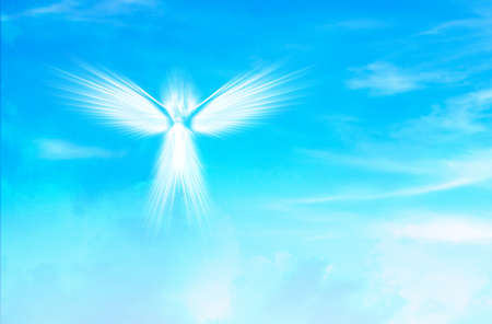 White Angel of Light in Blue Sky. Spiritual guidance concept. Angelic wings in turquoise heaven sky. Spiritの写真素材