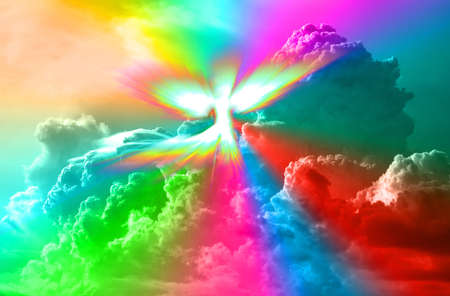 Shiny Angel rainbow Lights Color. Cloudy Sky Angelic Bright Wings. Colorful angel wing With Color light Shine. Spiritual Concept.の写真素材
