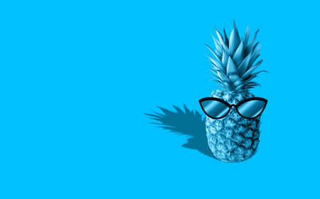Cool Pineapple Minimal With Blue Monochrome color background. One pine apple fruit on Blue background. Summer Concept Creative Ideaの写真素材