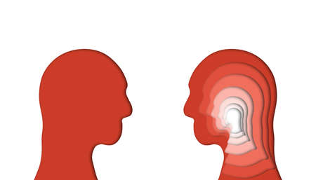 two Human Head face To face; Psychologist and Multi layer head of a patient. psychotherapy and...