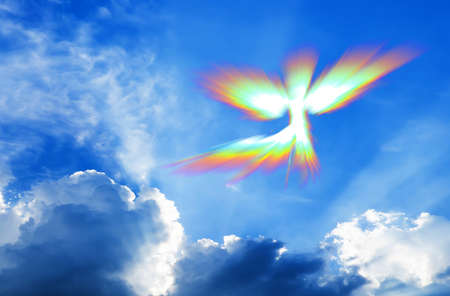Angel Clouds rainbow Blue Sky. Flying Angel With rainbow angelic wings. Angel Heaven Spiritual Concept.の写真素材