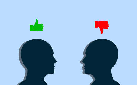 Two human Head Concept With Like and dislike symbol over their heads. Thumb up and thumb down...