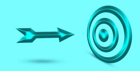 3d render of a target symbol. Sign With there-dimensional arrow symbol. Blue 3D dart target and arrow on turquoise background. Achieve Business Goals and success aiming concept ideaの写真素材