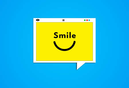 Yellow Speech bubble Website Screen Design With Smiley face. Smile Word Written in Touchscreen With happy emoji symbol. Creative Concept idea of Customer feedback and happiness. Blue Backgroundの写真素材