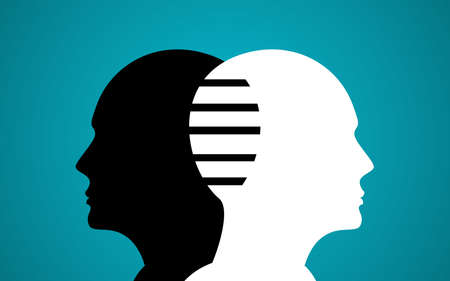 Two Heads United by Stripes. black and White Human Head Silhouette in blue background, creative...