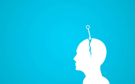 key opening a human head. Concept of key of ideas, headaches, and mental illness, illness and wellnessの写真素材