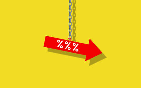 Percent Down Red arrow On yellow background. Discount and offer. Declining Arrow Shape Hanging On Chain Offer and Advertising Conceptの写真素材