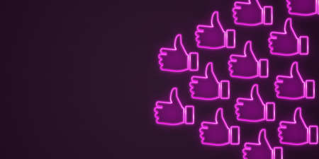 Many Thumbs Up Neon Pink Lighting on dark Brick wall textured Background With copy spaceの写真素材
