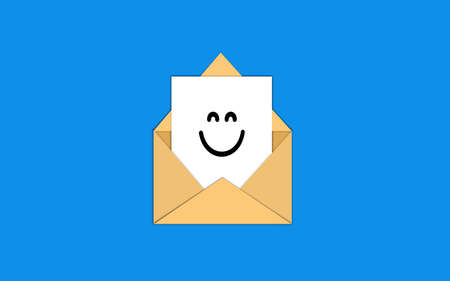 Happy mail or letter concept idea. cheerful emoticon on white blank inside brown envelope mail. Gifts, happiness and Greetings card.の写真素材